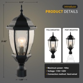 Outdoor Post Light, Aluminum Outside Post Lantern, Waterproof Exterior Lamp Pole Lantern Head with Seeded Glass, Matte Black Column Light for Patio Garden Walkway Landscape (E26 Medium Base Max 100W)