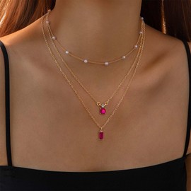 Enautoabs Boho Layered Sapphire Necklace Choker Gold Pearl Necklace Blue Sapphire Choker Necklace Vintage Square Crystal Necklace Jewellery for Women, Zinc, No Gemstone