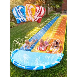 Sloosh 22.5ft x 82in Waves Triple Lawn Water Slide,Heavy Duty Lawn Water with 3 Body Boards and Slip Sprinkler for Kids Adults Backyard Summer Outdoor