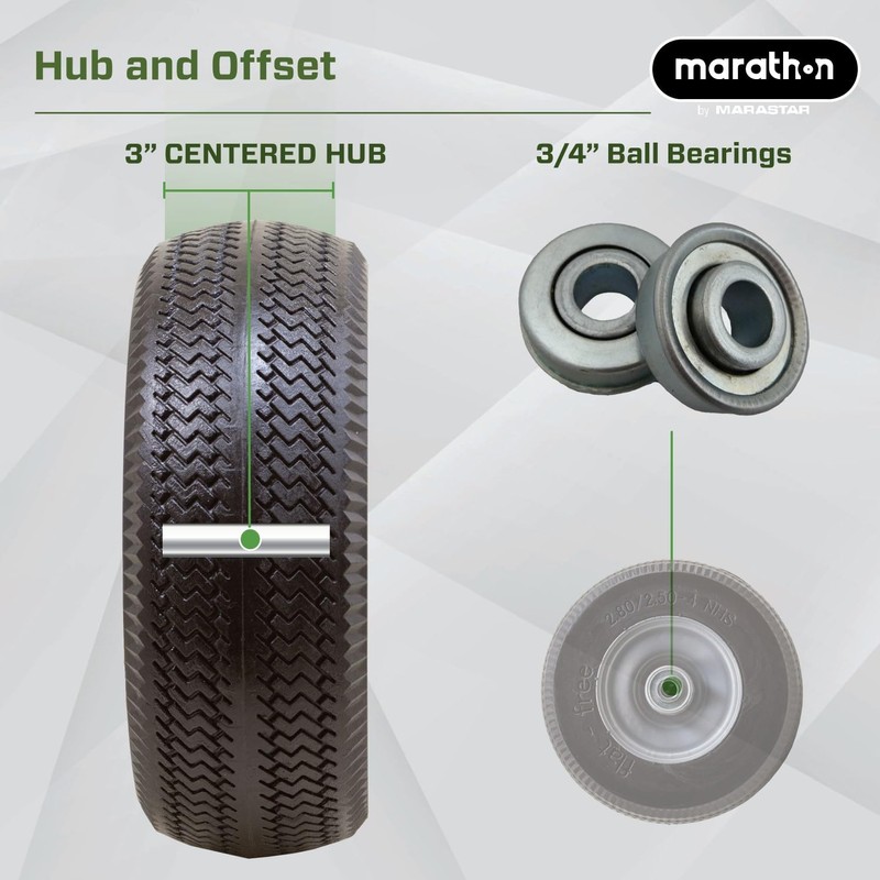 Marathon 00090 Flat-Free 2.80/2.50-4 Tire and Wheel Assembly, 3” Centered