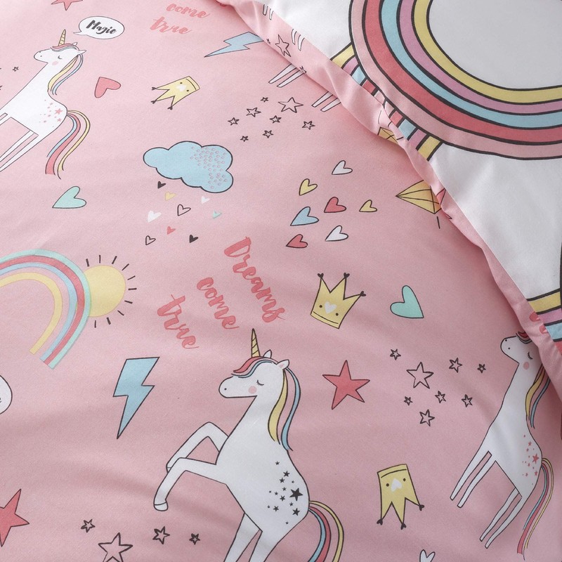 Happy Linen Company Girls Kids Unicorns Rainbows Pink Single Reversible