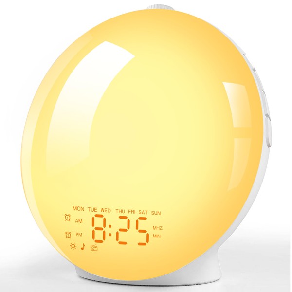VOGHERB Wake Up Light Sunrise Alarm Clock with Sunrise/Sunset Simulation Dual Alarms & Snooze Function, 14 Colors Atmosphere Lamp and 8 Natural Sounds, FM Radio, Dual Alarms, USB Phone Charging Port