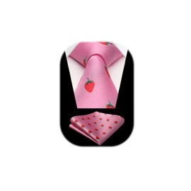 HISDERN Men's Ties Animal Pattern Tie Pocket Square Wedding Business Tie & Pocket Square Set, Pink-strawberry