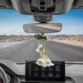 Car Mirror Hanging Accessories Cute Crochet Convallaria Car Hanging Ornament Handmade Knitted Flora Flower for Car Rearview Mirrior Decor (White)