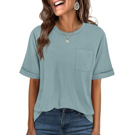 ANRABESS Women Oversized T Shirts Short Sleeve Summer Casual Loose Top Basic Tee with Pocket Cadet Blue Large