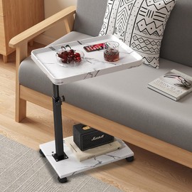 BeGyoku C Table End Table Adjustable Height,Couch Tables That Slide Under,C Shaped End Table with Wheels,Small C Shaped Side Table Living Room&Bedroom,Swivel Tray Table for Drink&Snack-Square White