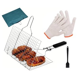Fish Grilling Basket – Folding Portable Stainless Steel BBQ Grill Basket for Fish, Vegetables & Shrimp, Removable Handle, Includes Basting Brush, Gloves & Storage Bag