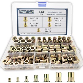 PAIGOIN 148PCS Rivet Nuts Assortment Kit,Zinc SAE Rivet Nut Kit 8-32 10-24 1/4"-20 5/16"-18 3/8"-16 Flat Head Threaded Nut Inserts