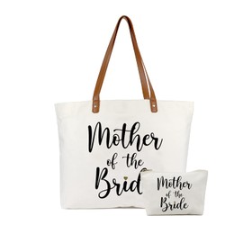 Lamyba Mother of the Bride Gifts,Mother of the Bride Tote Bag With Makeup Bag,Bridal Shower Gifts,Top Zipper Closure Canvas White