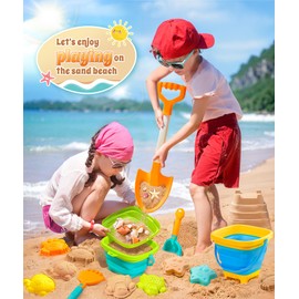 DUDUCOFU Collapsible Beach Sand Toys for Kids Toddlers, Collapsible Sand Bucket with Sifter Shovels Set with Mesh Bag and Sand Molds, Travel Beach Sandbox Toys for Boys Girls 3 4 5 6 7 8 9 10