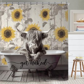 Yookeb Highland Cow Bull Bathroom Shower Curtain 60W by 71H Inch Funny Rustic Farmhouse Sunflower Get Naked Animal Hilarious Vintage Polyester Fabric 12 Plastic Hooks Waterproof Decor
