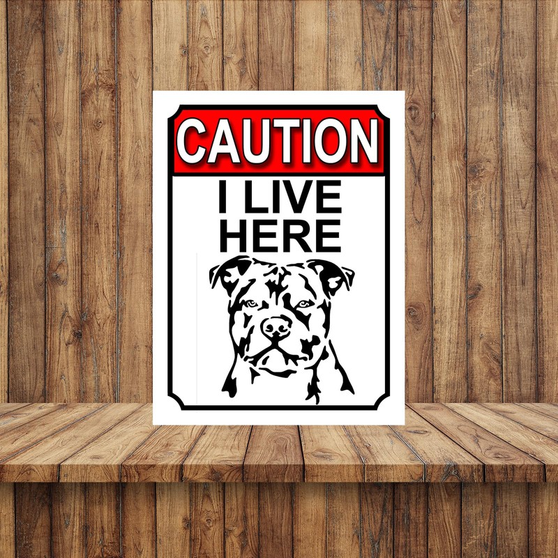 CAUTION I LIVE HERE METAL GATE SIGN DOG THEME 200MM