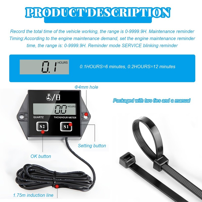 BWBWND Small Engine Tachometer, Waterproof Inductive Hour Meter for 2