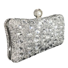 Boutique De FGG Pearl Clasp Crystal Clutch Bags for Women Evening Bags Wedding Party Rhinestone Clutch Bag, Small, Silver, silver