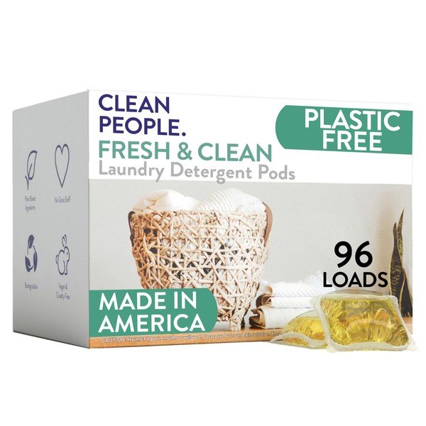 Clean People Laundry Detergent Pods - Plant-Based, Hypoallergenic Laundry Pods - Ultra Concentrated, Plastic Free, Recyclable Packaging, Stain Fighting - Fresh Scent, 96 Pack