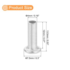 QUARKZMAN Pack of 50 Half Hollow Rivets, 4 mm x 12 mm Aluminium Flat Head Half Hollow Rivets for Industry, Household Repair, Fixing, Silver