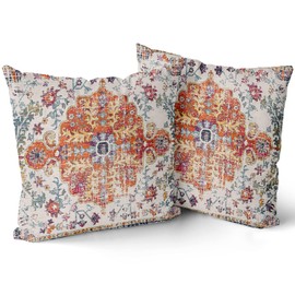 Kawani Boho Carpet Throw Pillow Covers 20x20 Inch Vintage Orange Blue Ethnic Bohemian Floral Decorative Pillows Square Pillow Cases Farmhouse Accent Home Decor for Bedroom Couch Sofa Porch Set of 2