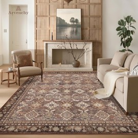 Area Rug for Living Room: 8x10 Washable Boho Vintage Area Rugs - Soft Thin Carpet for Bedroom - Stain Resistant Rugs for Dining Room Nursery Home Office Non-Slip Home Decor - Terracotta Brown