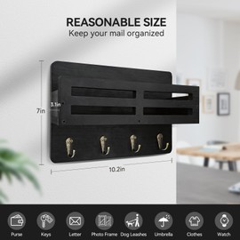 KISENG Key Holder Wall Mount Farmhouse Key Hooks for Wall with Mail Organizer Decorative Key Rack with 4 Sturdy Hooks for Dog Leash, Sunglasses, Rustic, Paulownia Key Hanger for Entryway, Blcak