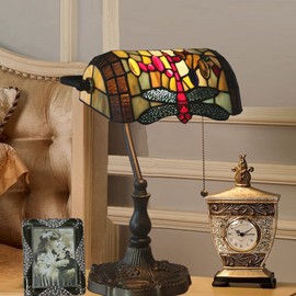 AIBOTY Tiffany Style Bankers Table Lamp Stained Glass Piano Desk Lamp Vintage Bedroom Bedside Lamp for Study,Antique Alloy Base,Zipper Switch,Dragonfly a