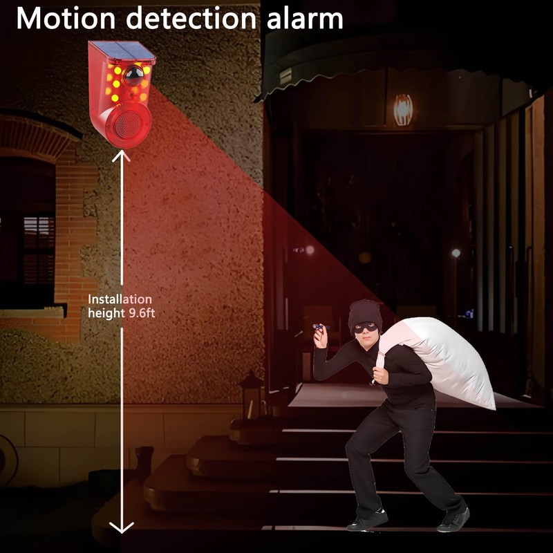 QXMH Solar Outdoor Motion Sensor Alarm: 110db Siren Sound,6 LEDs