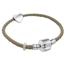 21cm Large Womens Leather Starter Charm Bracelet with Silver Heart and Gift Box valentines gifts for her (Olive Green)