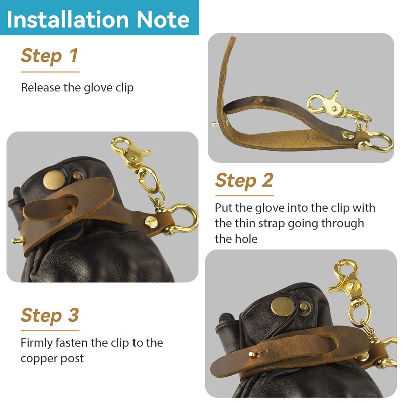Leather Glove Holder Strap with Pure brass Clip Motorcycle Riding