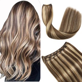 Sindra Weft Hair Extensions Chocolate Brown Mixed Caramel Blonde Sew in Extensions Real Human Hair 20 Inch 100g/pack Double Weft Silky Straight (wt#4p27 20inch)