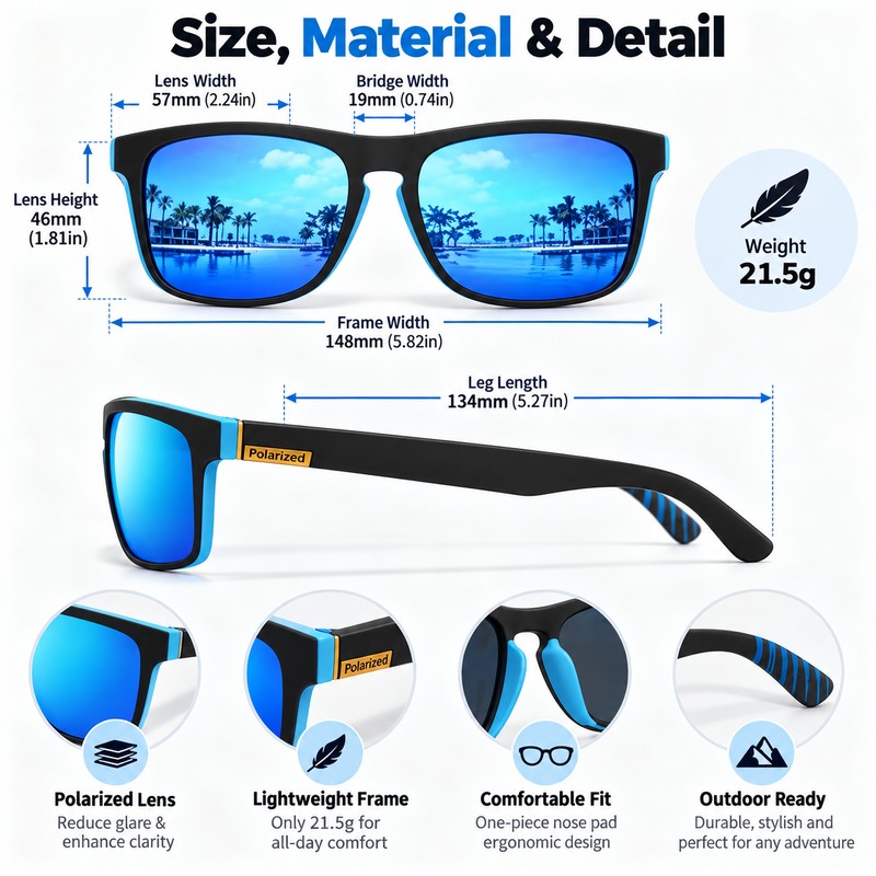 Polarized Square Sunglasses for Outdoor Use – Lightweight UV400 PC