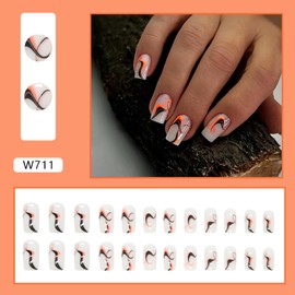 Medium Press on Nails,Coffin Shape Fake Nails,Glossy Full Cover Reusable Stick on Nails,Artificial Acrylic Square False Nails with Wavy Stripe Design,Natural Fit Glue on Nails for Women Girls 24Pcs
