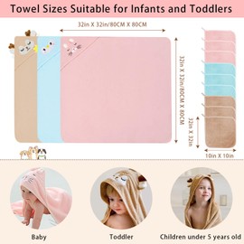 12 PCS Hooded Baby Towel Set, 32x32 Inch Absorbent Baby Bath Towels, 3 PCS Soft Hooded Towels & 9 PCS Washcloths, Ideal for Newborns, Toddlers, and Babies – Baby Bath Essentials (Pink + Brown + Blue)