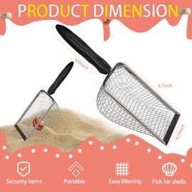2 Pcs Stainless Steel Beach Mesh Shovel, Metal Shark Tooth Sifter, Black Handle Reptile Sand Scoop Scooper Beach Shell Collecting Tool for Sifting Picking Up Sea Creatures Cat Litter