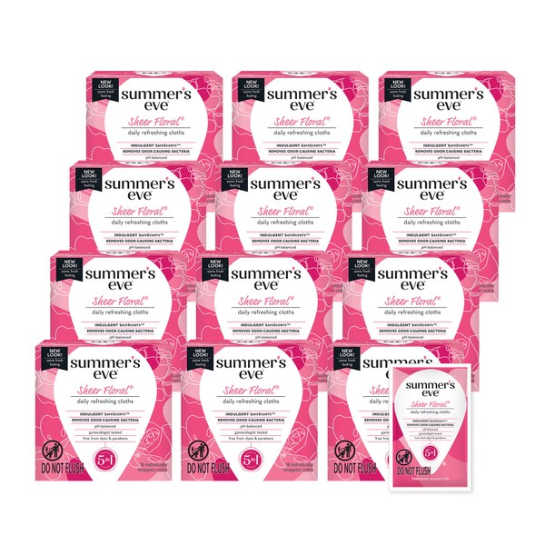 Summer's Eve Sheer Floral Daily Refreshing Feminine Wipes, Removes Odor, pH balanced, 16 count, 12 Pack