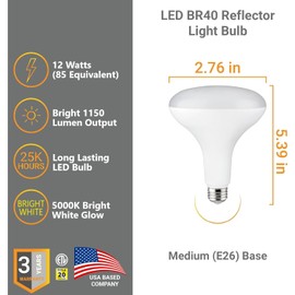 Diodesy- Pack of 6 BR40/LED/12W/950 BR40 LED Reflector Light Bulb, Indoor Flood Light, CRI90, 5000K Bright White, 12W (85W Equivalent), 1150 Lumen, Interior Dimmable Recessed Can Light Bulb,ETL Listed