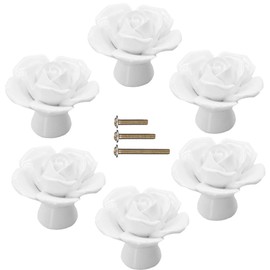Sinyiol Ceramic Elegant Rose Flower Cabinet Knobs, 6Pcs White Vintage Kitchen Rose Flower Drawer Knobs Pull Handles for Girl's Room Dresser Cupboard Wardrobe with 3 Size Screws (6 Pack, White)