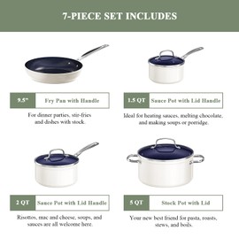 Nuwave 7pc Cookware Set Healthy Duralon Blue Ceramic Nonstick Coated, Diamond Infused Scratch-Resistant, PFAS Free, Oven Safe, Induction Ready & Evenly Heats, Tempered Glass Lids & Stay-Cool Handle