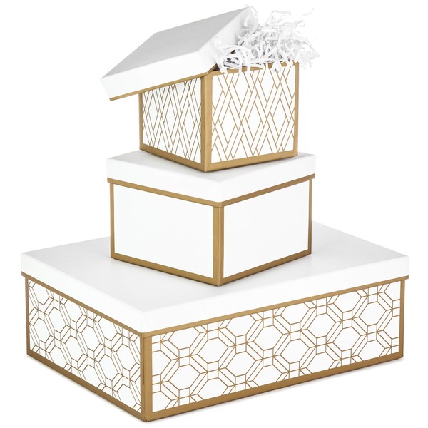 Hallmark Nested Gift Boxes with Lids and Fill (Set of 3, White and Gold, Assorted Sizes) for Valentine's Day, Weddings, Bridal Showers and More