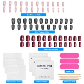 3Sets Cat Eyes Press on Nails Short Square Fake Nails Glossy for Cat Eye False Nails Glitter Full Cover Acrylic Glue on Nails Reusable Artificial Stick on Nails for Women Manicure(3Colors)