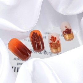 RUOKEXIN Fall Press on Nails Medium Fake Nails Gold Glitter False Nails with Maple Leaf Designs Square Nail Press ons Brown Sparkly Artificial Nails for Women 24Pcs