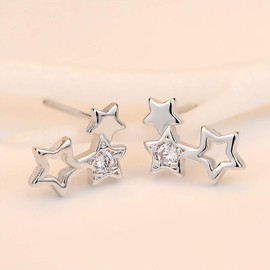 Ms. Swan® Hollow Five-Pointed Star Zircon Earrings Made of Sterling Silver, Sterling Silver, Cubic Zirconia
