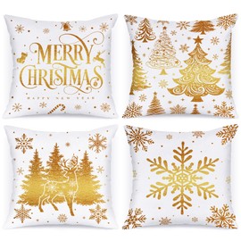 Lanpn 18x18 Gold Christmas Pillow Covers Set of 4, Christmas Decorations Pillowcase, Winter Decorative Pillow Case, Merry Christmas Tree Cushion for Indoor Home Bedroom Sofa Xmas Couch Decor