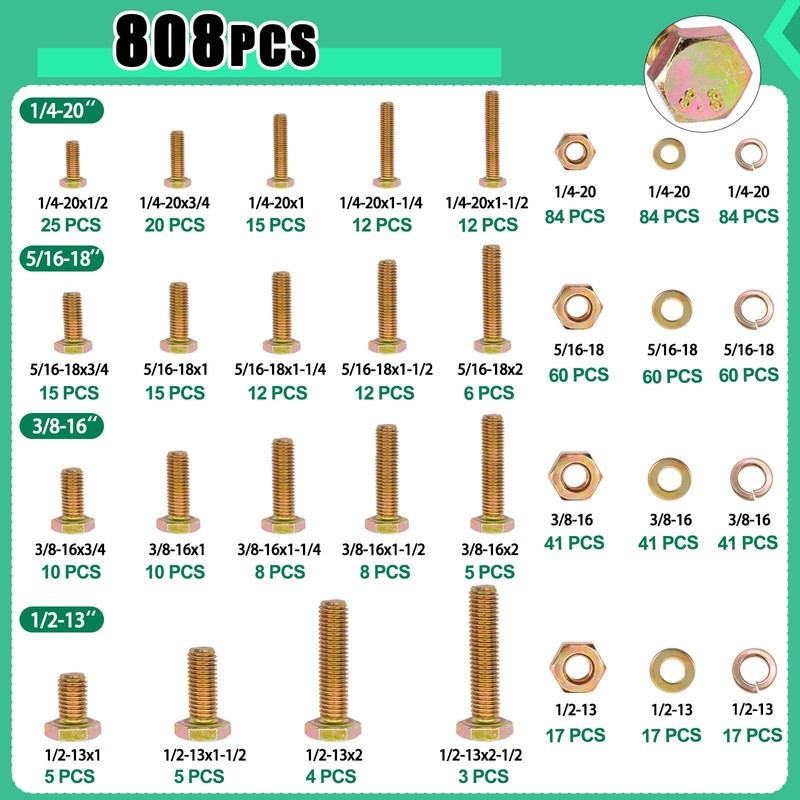 Twidec/808pcs Grade 8.8 Hex Head Nuts and Bolts Assortment Kit,SAE