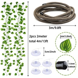 QUOZUO Reptile Tank Accessories Plants Vines and Flexible Reptile Artificial Leaves with Suction Cups, Crested Gecko Tank Accessories Long Vines Reptile Hide for Climbing, Chameleon, Lizards