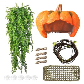 MUYG Reptile Resin Pumpkin Hut, Crested Gecko Habitat Hideout Cave Bearded Dragon Hammock Lizard Natural Seagrass Lounger Leopard Gecko Tank Accessories with Jungle Climber Vines for Chameleon(4PCS)