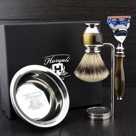 Premium 4 Piece Men's Shaving Set - Horn Replica Set Razor Head, Silver Tip Badger Shaving Brush, Stainless Steel Double Stand & Shaving Bowl - Newly Designed Set