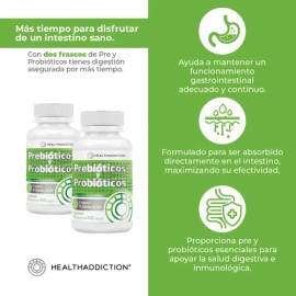 HEALTHADDICTION - 2 Pack Probióticos y Prebióticos con 4 Cepas y 10 Billones de UFC Suplemento Alimenticio con FOS de Raíz de Achicoria Equilibrio... 