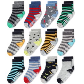 CozyWay Baby Boy Socks With Grippers Non Slip Crew Grip Socks for Babies Comfy Soft Cotton Infant - 6-12 Months Multi Color Dino - 12 Pack