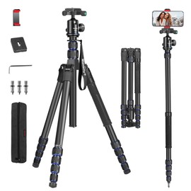 Camera Tripod, Manbily 74" Aluminum Travel Tripod Monopod Stand for Camera DSLR Phone, 360° Ball Head w Handle and Extra 1/4" QR Plate, Payload 17.6lbs, Compatible with Canon Nikon Sony