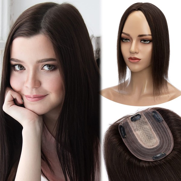 MY-LADY Human Hair Toppers for Women Real Remy Hair 130% Density 10 * 12CM Silk Base No Bangs Clip in Hair Pieces Straight Hairpiece for Thinning Hair 18 Inch #02 Dark Brown