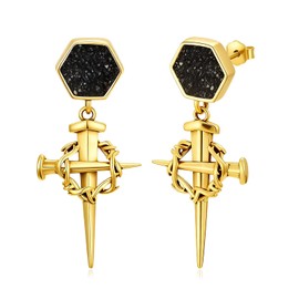 Gold Cross Earrings for Men Women 925 Sterling Silver Thorn Cross Stud Earrings with Black Agate Christian Jewelry Gifts for Men Women